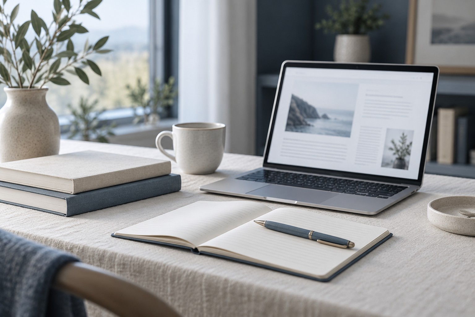 A quiet desk with a laptop, books and a ceramic cup